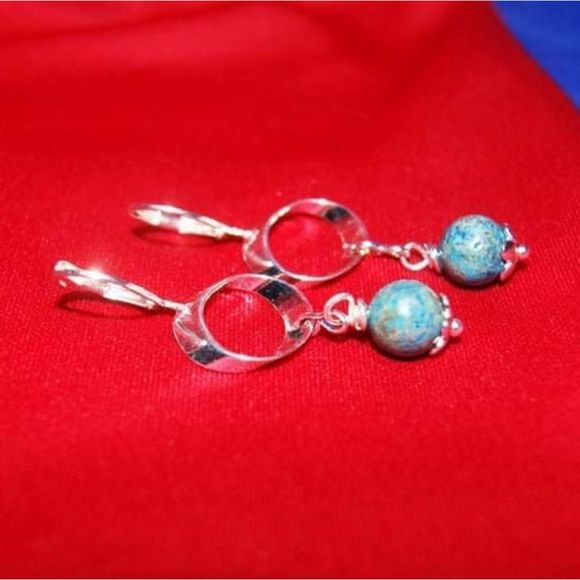 Handmade Imperial Jasper Gemstone & Flattened Silver Rings Dangle Earrings - Picture 4 of 6